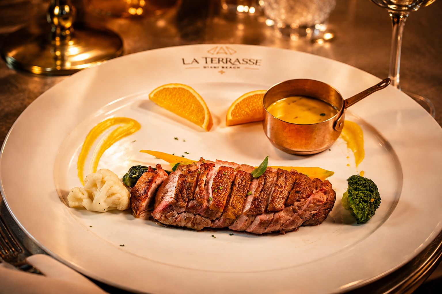 Sliced duck breast with seasonal vegetables